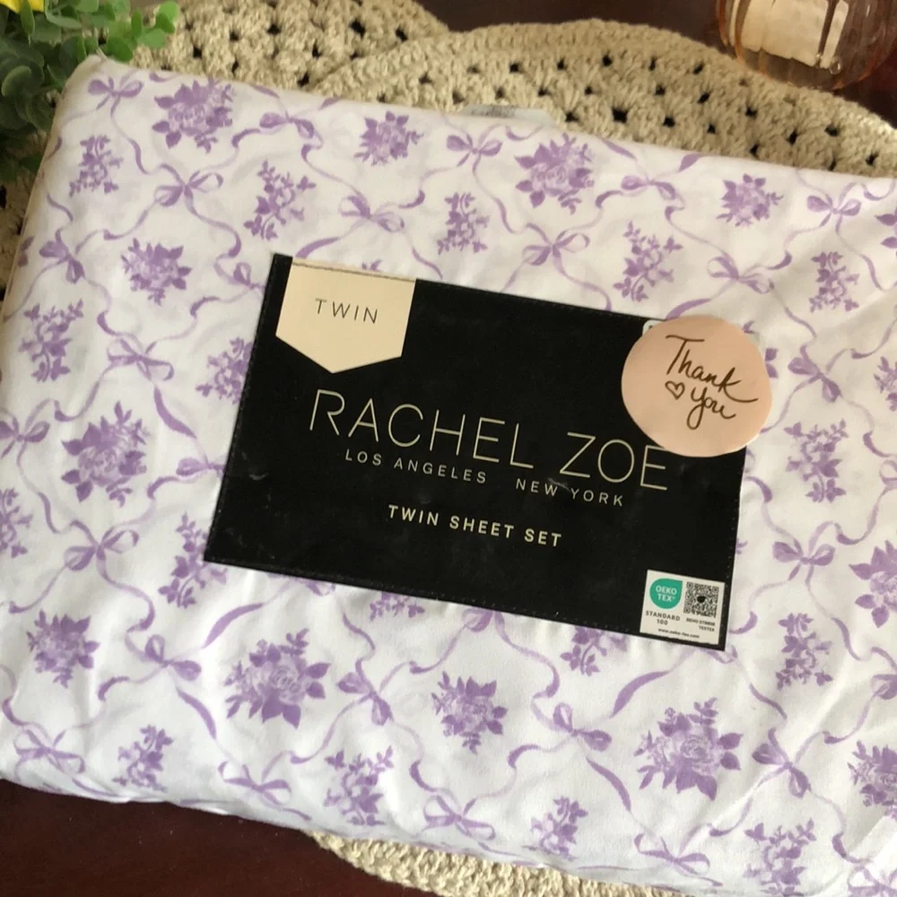 Rachel Zoe Purple & White FLORAL and BOW Twin Sheet Set